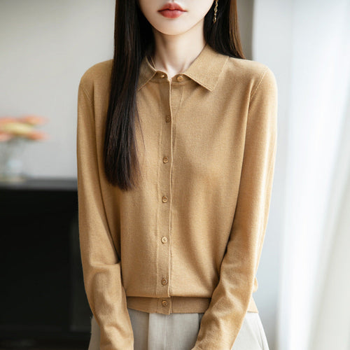 Damen weiche Wollbluse mit Knopfleiste