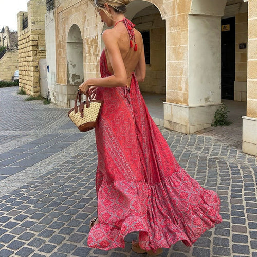 Damen Boho-Maxikleid mit Nackenband, Rückenfreiem Schnitt und Volant Shop Nory