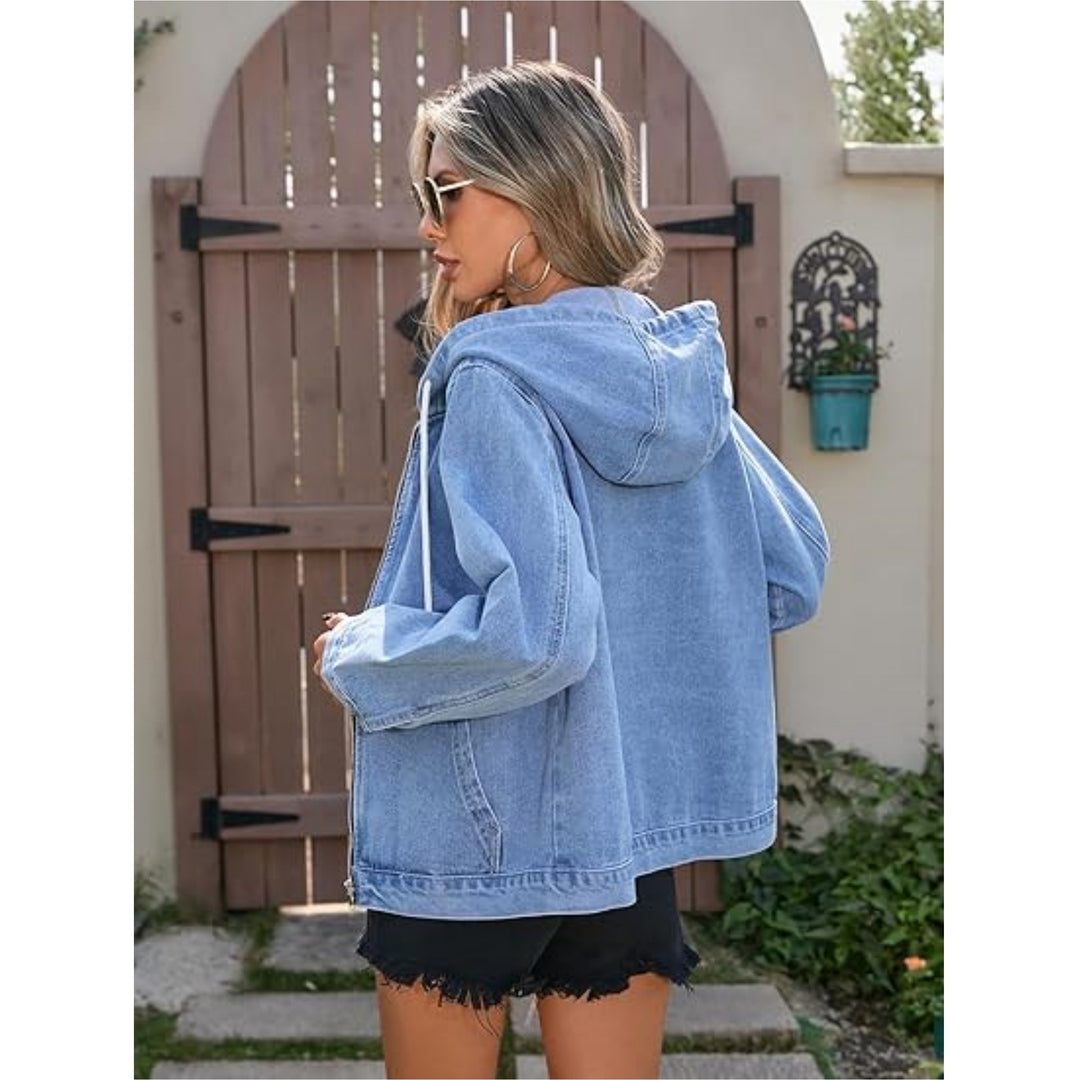 Damen Oversize Jeanskapuzenjacke mit Reißverschluss und aufgesetzten Taschen Shop Nory