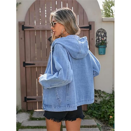 Damen Oversize Jeanskapuzenjacke mit Reißverschluss und aufgesetzten Taschen Shop Nory