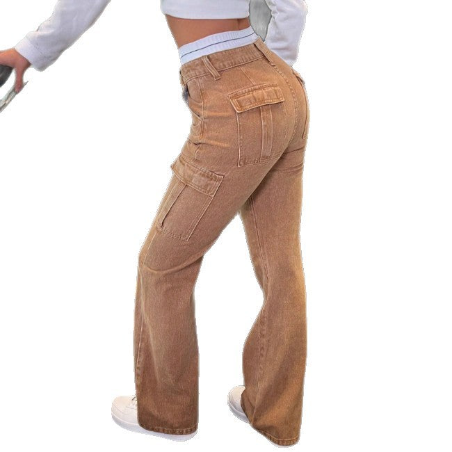 Damen Hochtaillierte Cord-Cargo-Palazzohose mit weitem Bein und Klappentaschen Shop Nory
