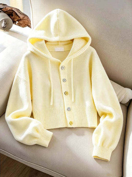 Damen Kapuzen-Strickcardigan mit Knopfleiste, geripptem Bund und Oversize-Ärmeln Shop Nory