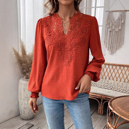 Damen Spitzenbluse mit V-Ausschnitt, Schweizer Punktstruktur und gerafften Manschetten Shop Nory