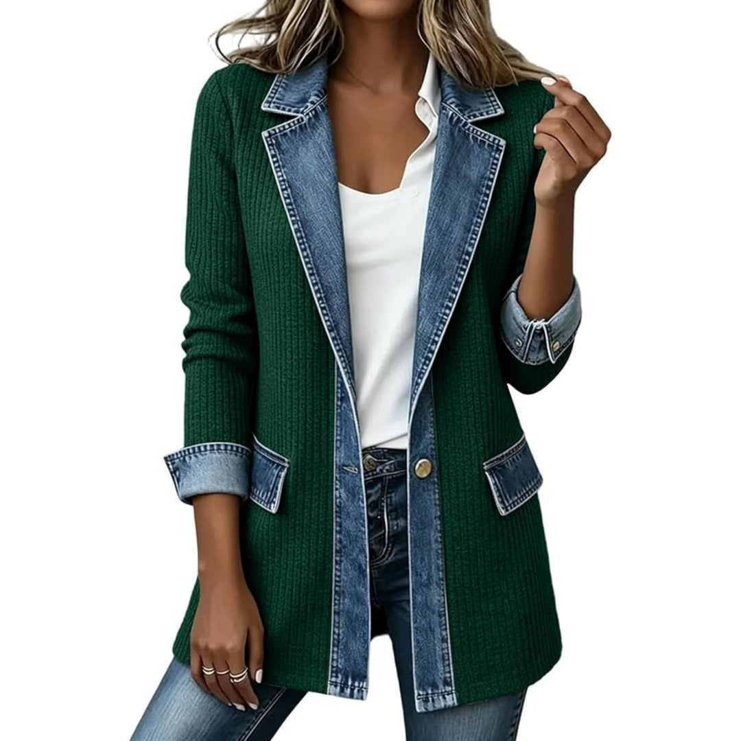 Damen Strickblazer mit Jeansbesatz und Reverskragen Shop Nory