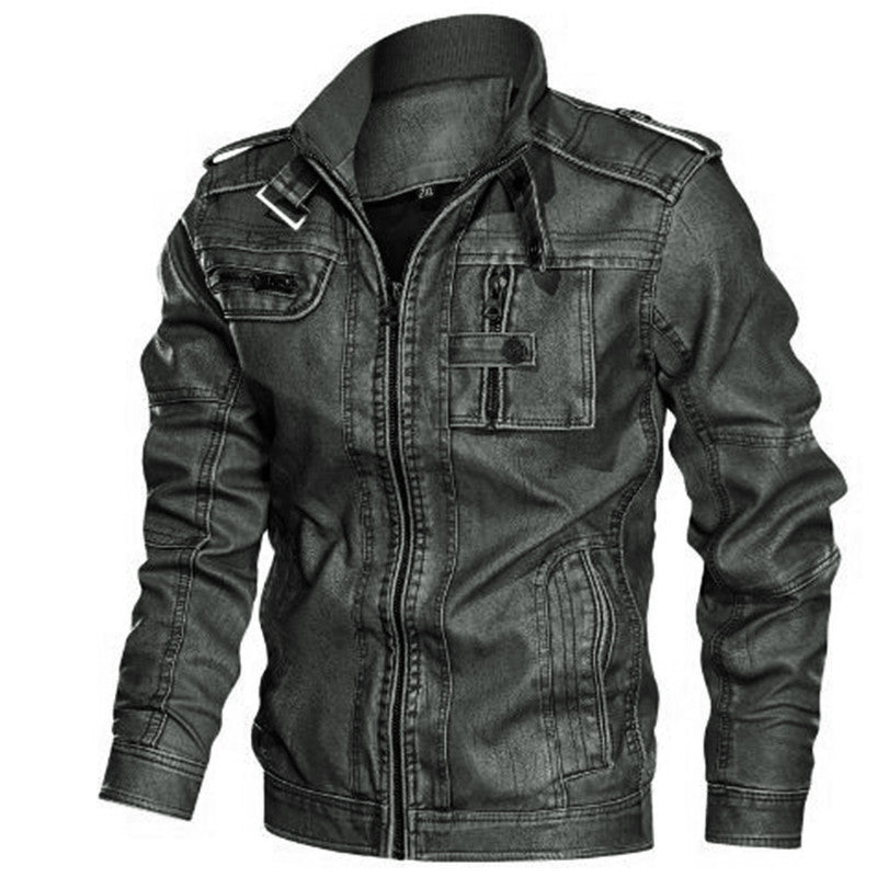 Herren Bikerjacke aus Kunstleder mit Stehkragen, markanten Ziernähten und Mehrfach-Taschendetails Shop Nory