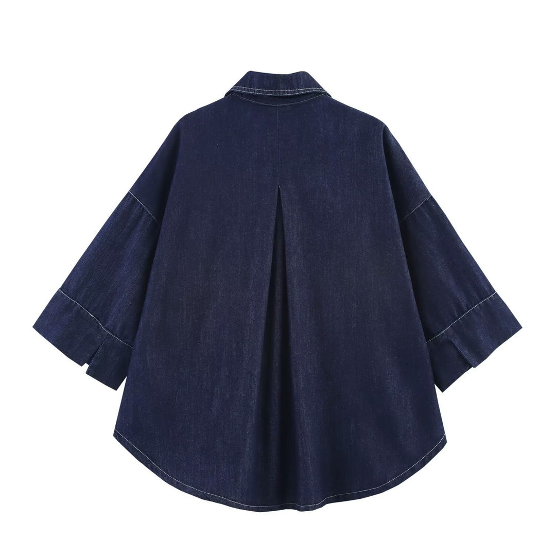 Damen Oversized Denim‑Hemdenjacke mit dreiviertel Ärmeln und High‑Low‑Saum Shop Nory