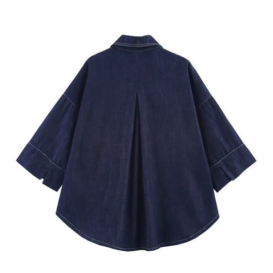 Damen Oversized Denim‑Hemdenjacke mit dreiviertel Ärmeln und High‑Low‑Saum Shop Nory