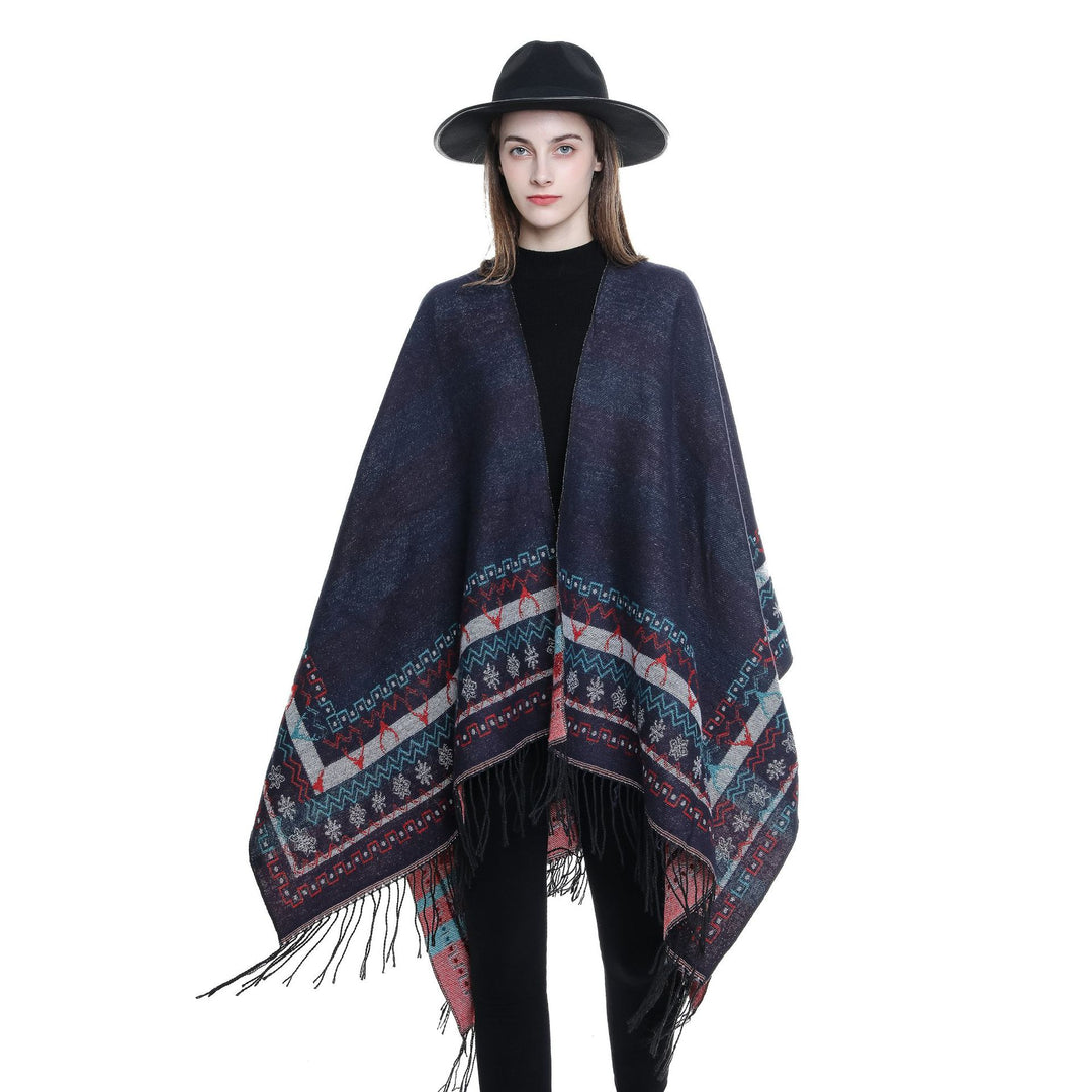 Damen Wollmix-Kimono-Poncho mit Norwegerbordüre und Fransen Shop Nory
