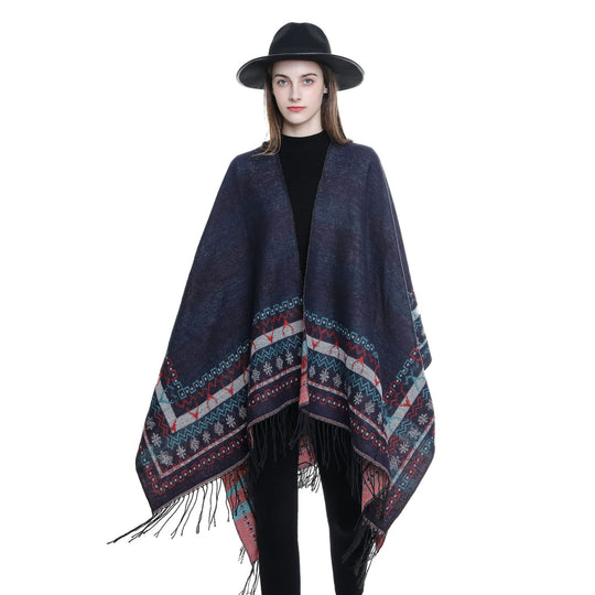 Damen Wollmix-Kimono-Poncho mit Norwegerbordüre und Fransen Shop Nory
