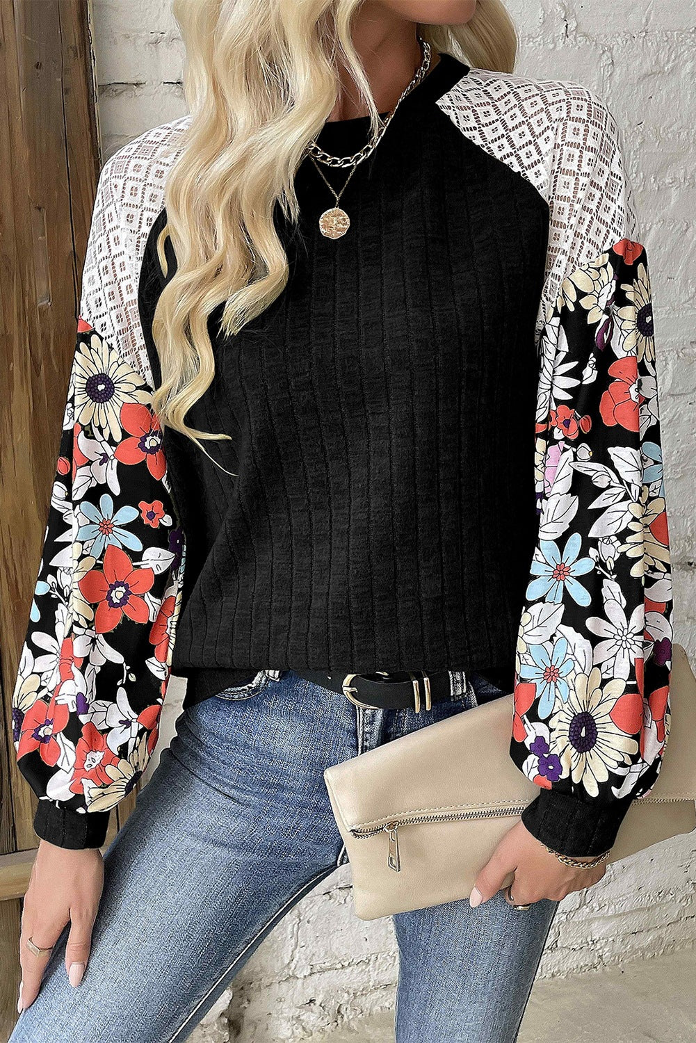 Damen Pullover mit Rippenstruktur, Häkel-Raglan und geblümten Ballonärmeln Shop Nory