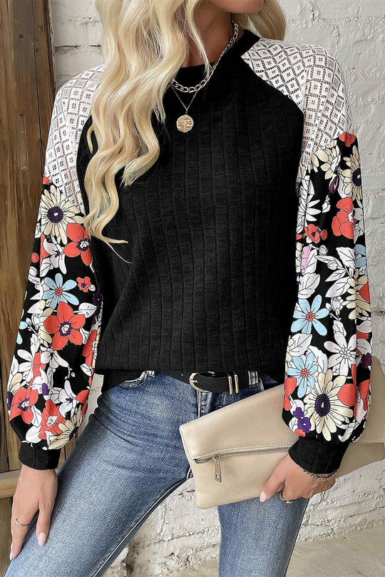 Damen Pullover mit Rippenstruktur, Häkel-Raglan und geblümten Ballonärmeln Shop Nory