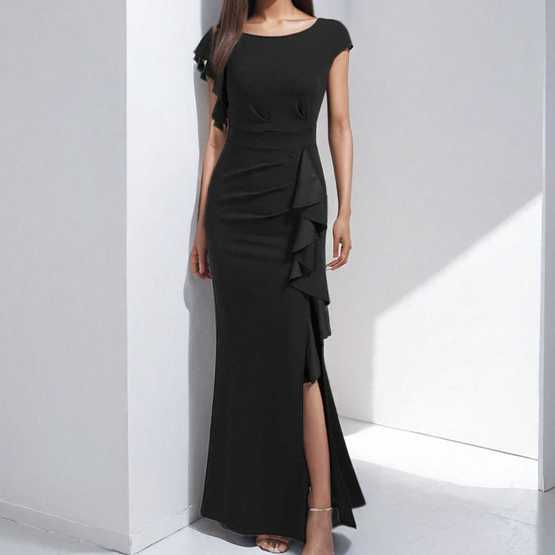 Damen elegantes Maxikleid mit Rüschendetails und seitlichem Schlitz
