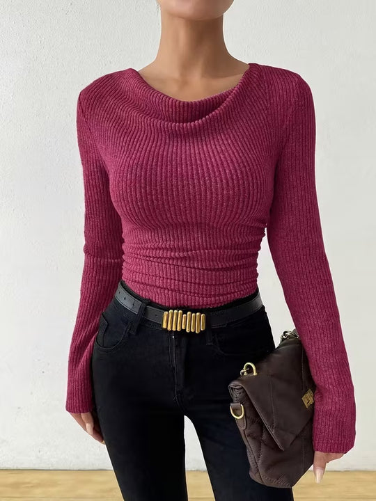 Damen Gerippter Taillierter Feinstrickpullover mit Raffung Shop Nory