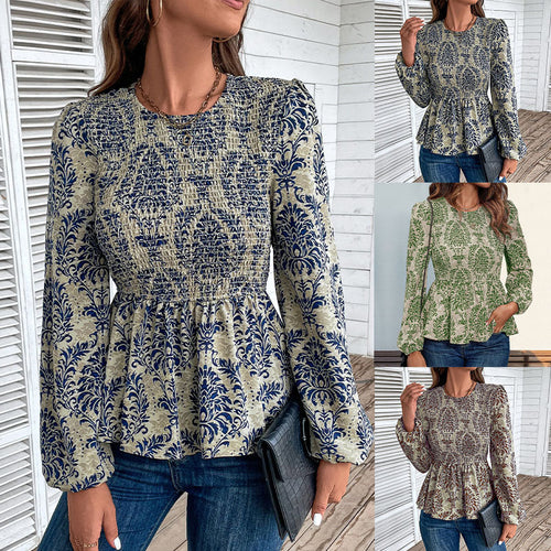 Damen Gerafftes Smock-Blusenshirt mit Peplum und voluminösen Puffärmeln Shop Nory