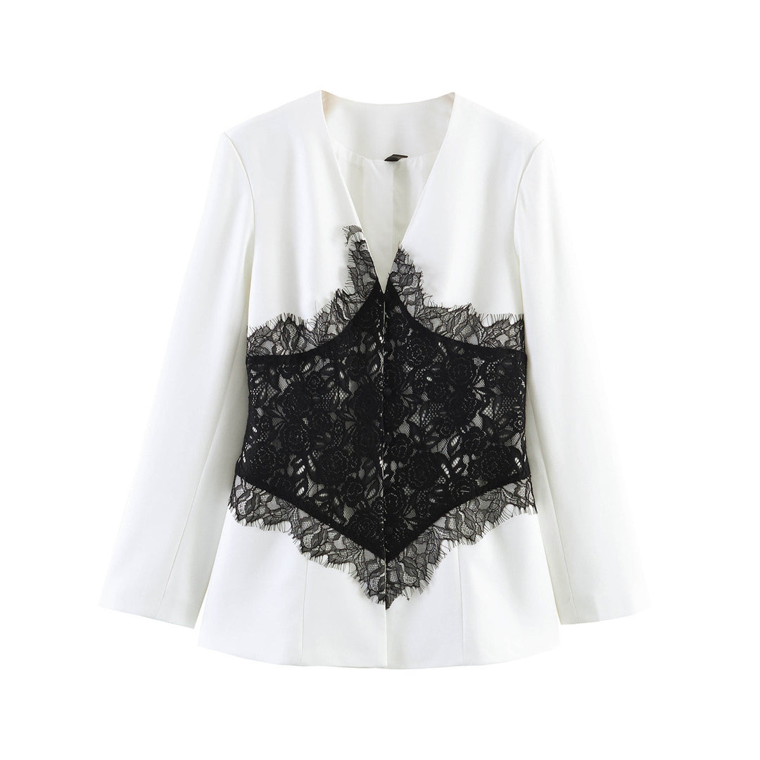 Damen Taillierter Blazer mit V-Ausschnitt und kontrastierender Spitze Shop Nory