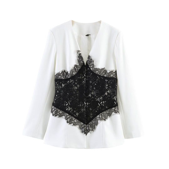 Damen Taillierter Blazer mit V-Ausschnitt und kontrastierender Spitze Shop Nory