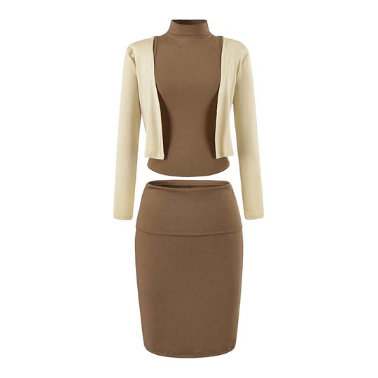 Damen Zweiteiliges Business-Strickset mit Rollkragen-Top, Bolero und Bleistiftrock Shop Nory