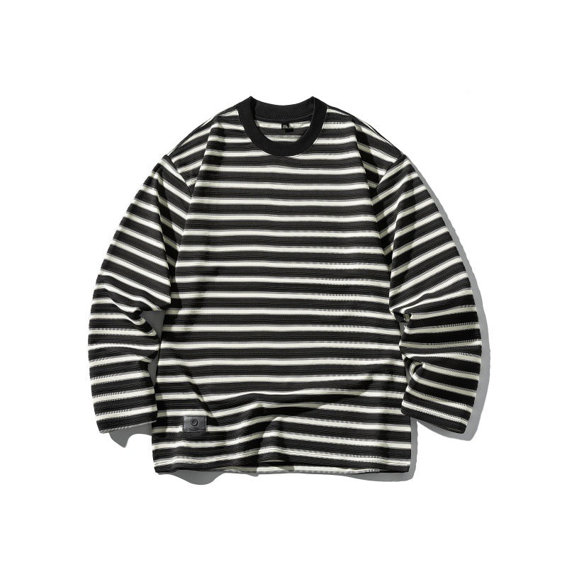 Unisex Gestreiftes Oversize-Langarmshirt aus Baumwollmix mit geripptem Rundhals Shop Nory