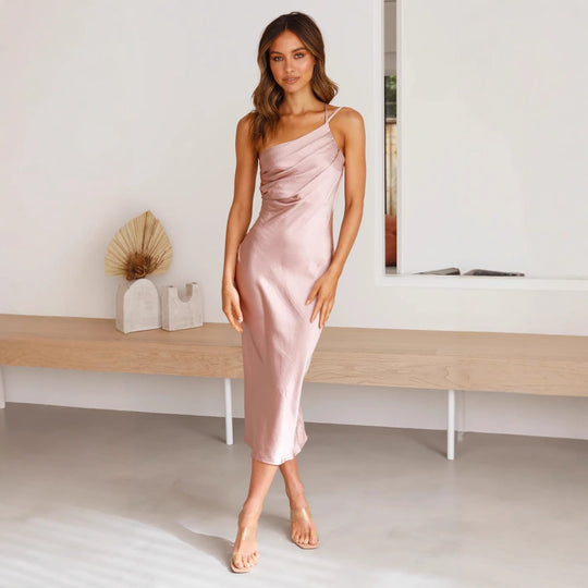 Damen Satin-Midikleid mit asymmetrischem Schnitt und elegantem Flair