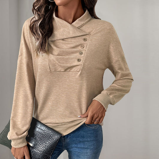 Damen Gekreuzter Stehkragen-Sweatshirt mit Knopfblende und gerippten Bündchen Shop Nory