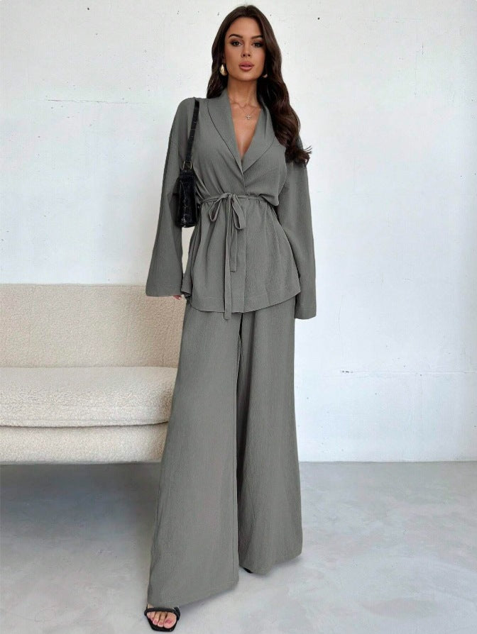 Damen Entspannter Wickelblazer und Weite-Hosen Set Shop Nory