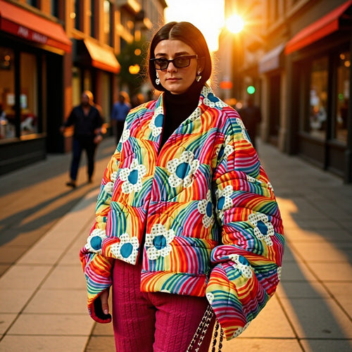 Damen Kurze Oversize-Steppjacke mit bunten Regenbogenstreifen und Blumenapplikation Shop Nory