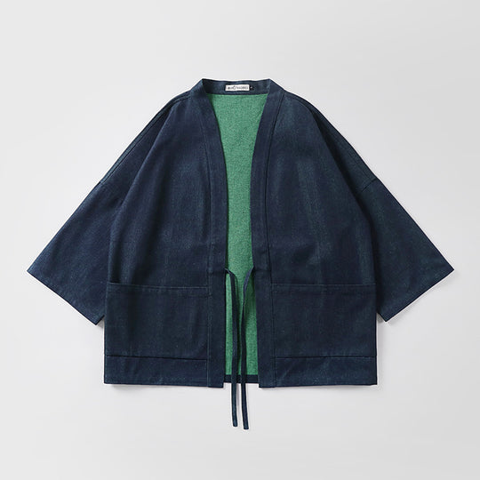 Unisex weit geschnittene Kimono-Jacke aus Baumwoll-Denim mit Bindeband und großen Aufgesetzten Taschen Shop Nory