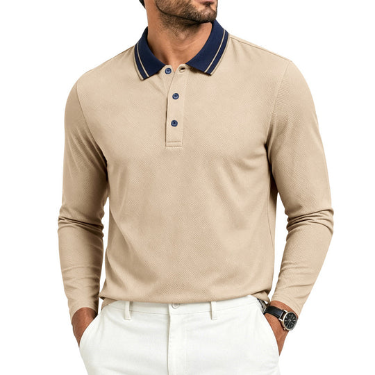 Herren Langarm-Polo aus strukturierter Piqué-Baumwollmischung mit Kontrastkragen Shop Nory