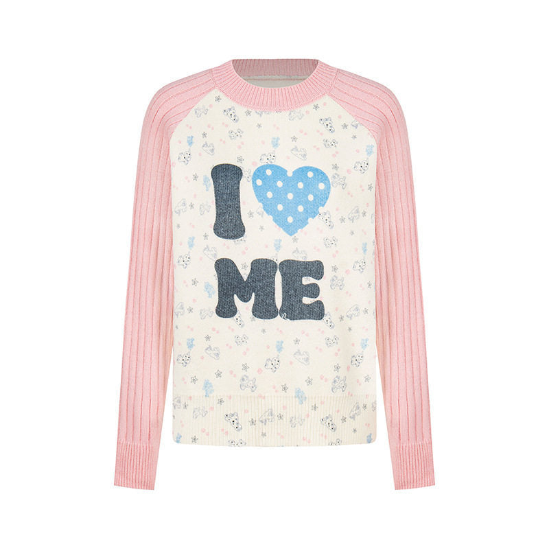 Damen Feinstrick-Pullover mit Applikations-Statement, gerippten Raglanärmeln und Mini-Print Shop Nory