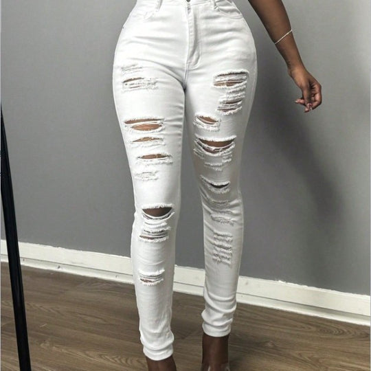 Damen Hochtaillierte Skinny-Jeans mit asymmetrischer Destroy-Optik und formendem Bund Shop Nory