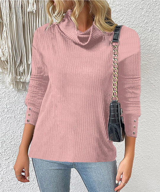 Damen Rippschneider Rollkragenpullover mit 3/4-Ärmeln und dekorativer Knopfleiste Shop Nory