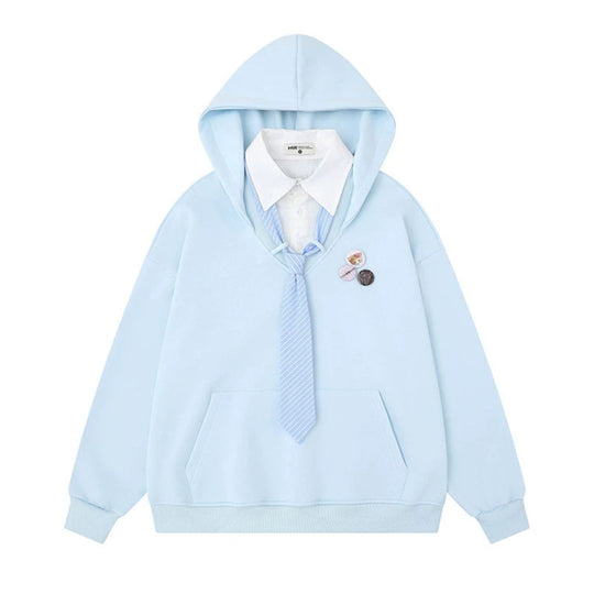 Damen Kapuzenpullover mit eingesetztem Hemdkragen und vorgebundener Krawatten-Applikation Shop Nory