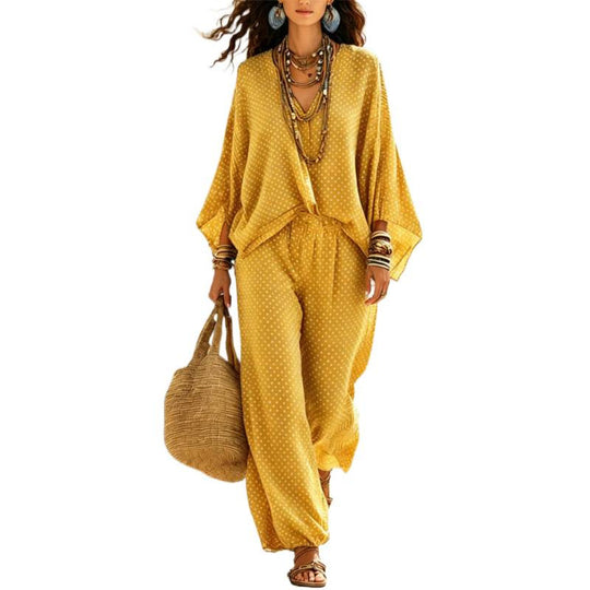 Damen Boho-Lounge-Set mit weitem V-Ausschnitt, Fledermausärmeln und elastischer Bund-Palazzohose Shop Nory