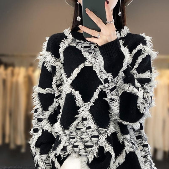 Damen Oversize-Strickpullover mit Fransen‑Diamantmuster und weicher Mohair‑Optik Shop Nory