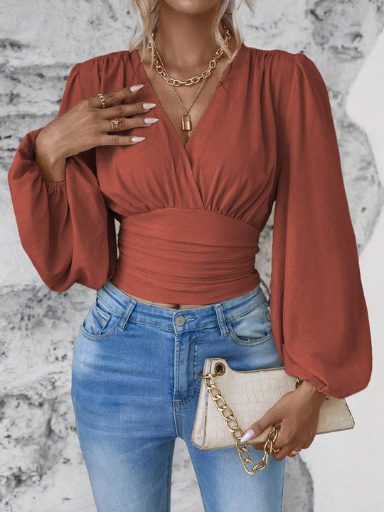 Damen Wickel-Cropped-Top mit geraffter Taillenpartie und weiten Ballonärmeln Shop Nory