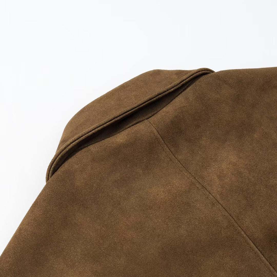 Damen kurz geschnittene Veloursleder‑Optik Jacke mit Hemdkragen und Knopfleiste Shop Nory