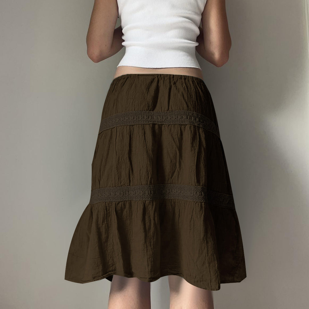 Damen nan gestufter Boho-Midirock mit elastischem Kordelbund und Häkelband-Details Shop Nory