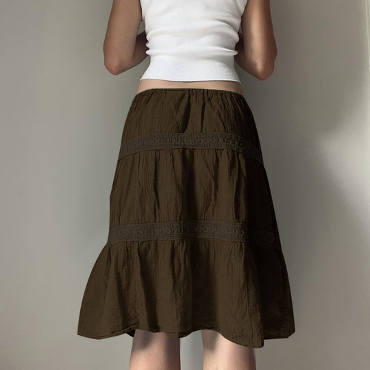 Damen nan gestufter Boho-Midirock mit elastischem Kordelbund und Häkelband-Details Shop Nory