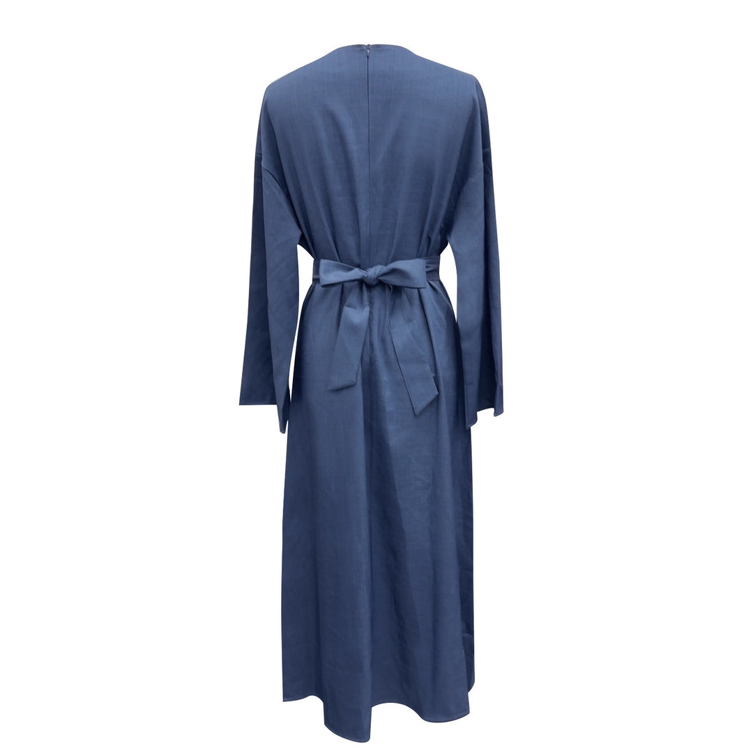 Damen Wickelmaxikleid in Leinenoptik mit Kimonoärmeln und Taillenbund Shop Nory