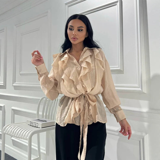 Damen Rüschige Chiffon‑Bluse mit Bindegürtel und Volants Shop Nory