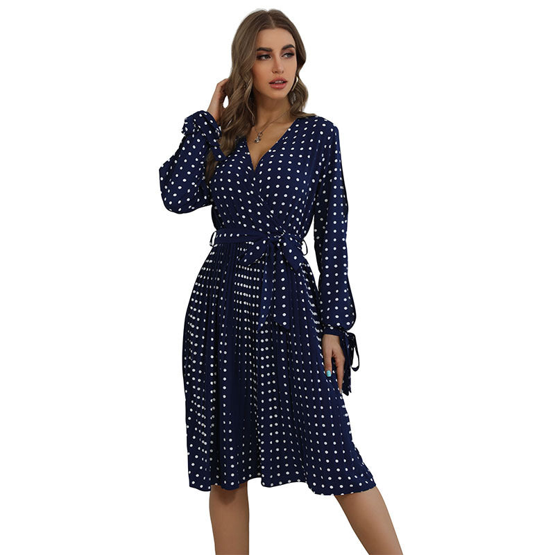 Damen Polka-Dot Wickelkleid mit V‑Ausschnitt, Bindegürtel und plissiertem Midirock Shop Nory
