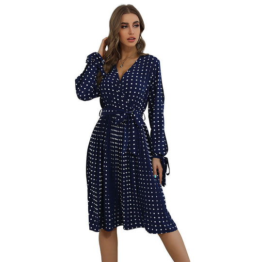 Damen Polka-Dot Wickelkleid mit V‑Ausschnitt, Bindegürtel und plissiertem Midirock Shop Nory
