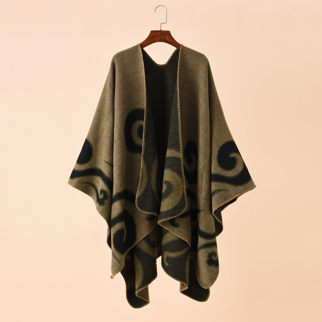 Damen Wollmix-Capeponcho im Ruana-Schnitt mit ornamentaler Intarsienstruktur Shop Nory