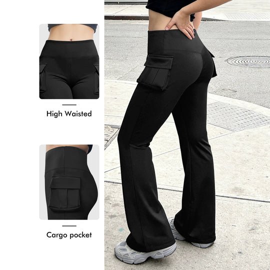 Damen Cargo Flared Leggings mit hoher Taille und aufgesetzter Tasche Shopy Nory