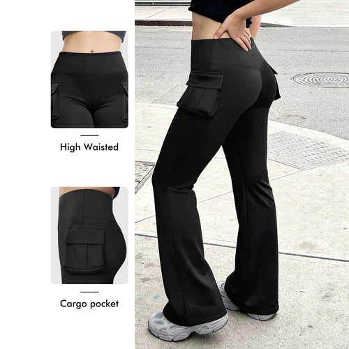 Damen Cargo Flared Leggings mit hoher Taille und aufgesetzter Tasche Shopy Nory