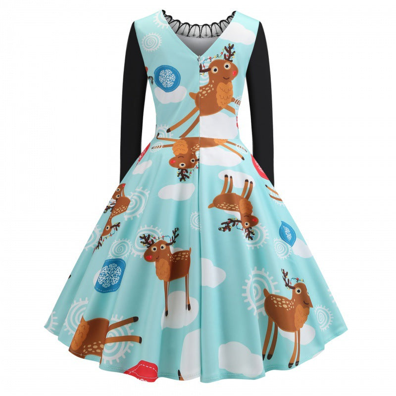 Damen Festliches Retro Swing Kleid mit Langarm A Linien Schnitt und Rentier-Print Shop Nory