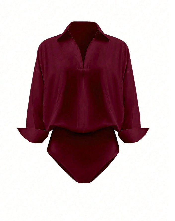 Damen Eleganter Hemdblusen-Body mit V-Ausschnitt, Oversize‑Schnitt und Umschlagmanschetten Shop Nory