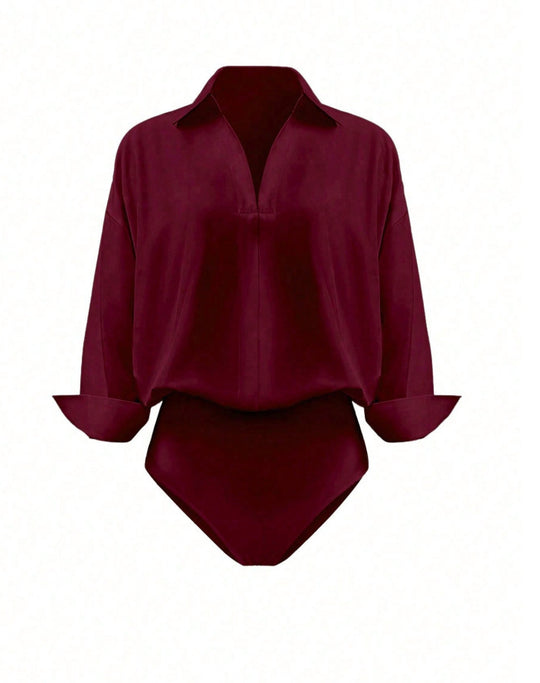 Damen Eleganter Hemdblusen-Body mit V-Ausschnitt, Oversize‑Schnitt und Umschlagmanschetten Shop Nory