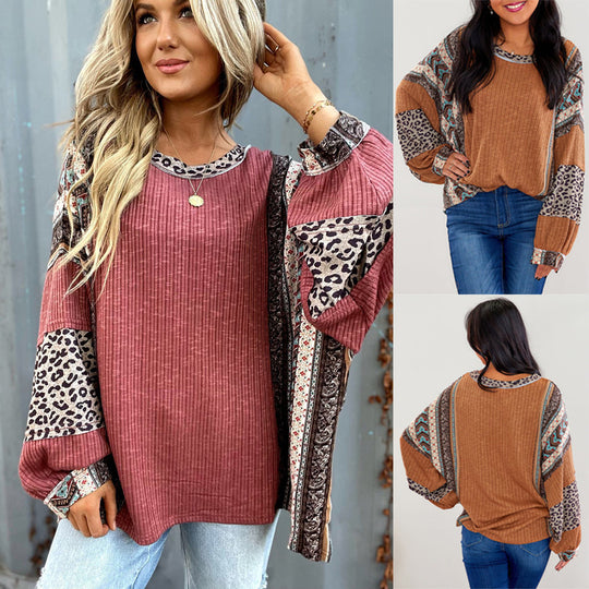Damen Lässiges Patchwork-Longsleeve mit Rippenstruktur, Leoparden- und Boho-Print Shop Nory