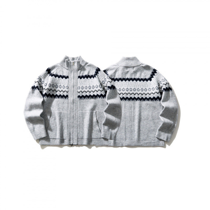 Unisex Norweger-Strickjacke mit durchgehendem Reißverschluss, Stehkragen und Eingrifftaschen Shop Nory